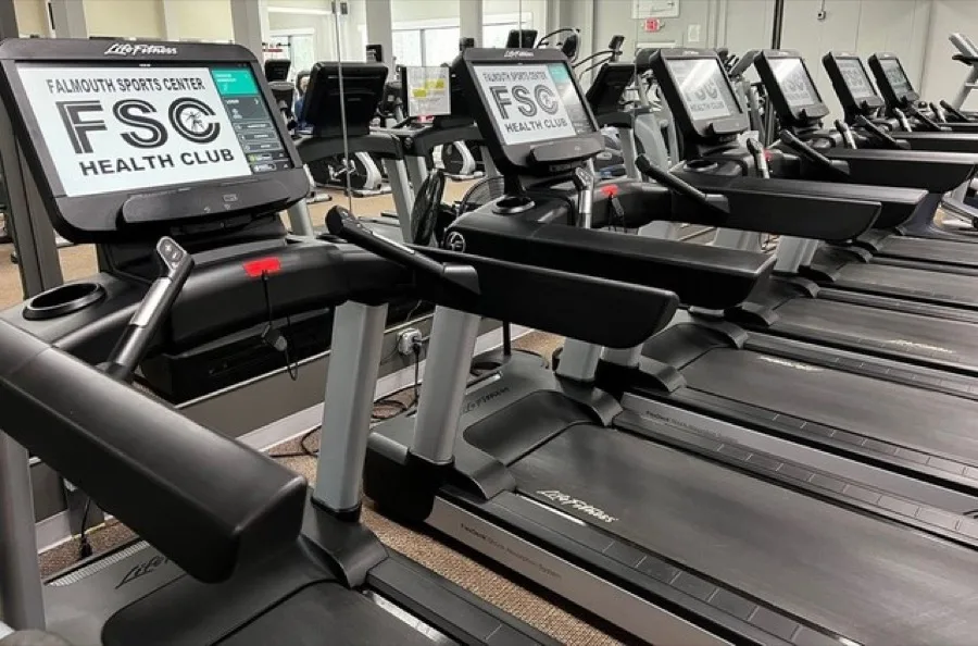 Rows of Life Fitness treadmills at Falmouth Sports Center Health Club